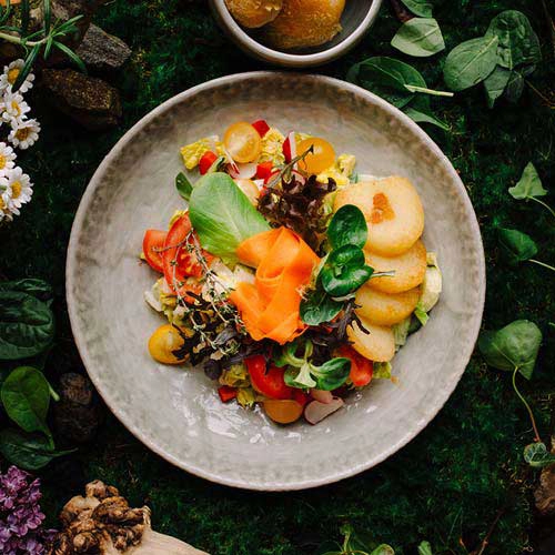 Gretels Garten ist ein bunter und leckerer Salat. Mit Tomaten, Gurken, Paprika und Möhren hast du eine tolle Mischung. Die gebratenen Kloßscheiben bringen eine interessante Note. Gretels Salatsoße und Krümchen runden es perfekt ab.