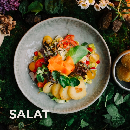 Vorschaubild für die Speisekarten_Rubrik: Salat / Ein Teller mit einem tollen Salat aus Grünzeug, Tomaten, Kloßpommes und Gewürzen.