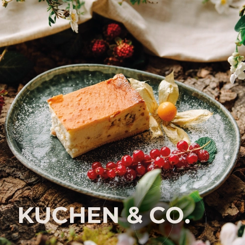Das Titelbild für die Menurubrik "Kuchen & Co." Das Stück Kuchen ist auf einem Teller angerichtet. Drumherum ist ein Waldboden.